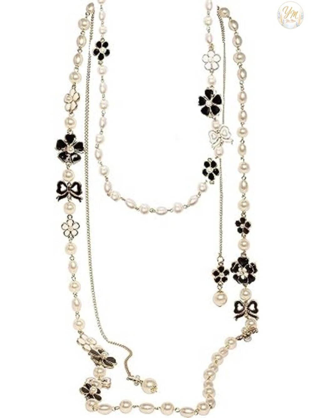 Layered Faux Pearl Necklace with Camellia Flower Bow Charms Women Statement